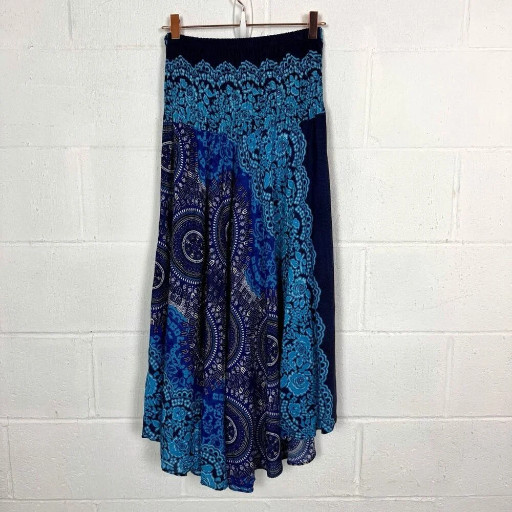 Blue Floral Skirt‎ Asymmetric Tie Waist Smocked Whimsigoth Gypsy Fairy Grunge S